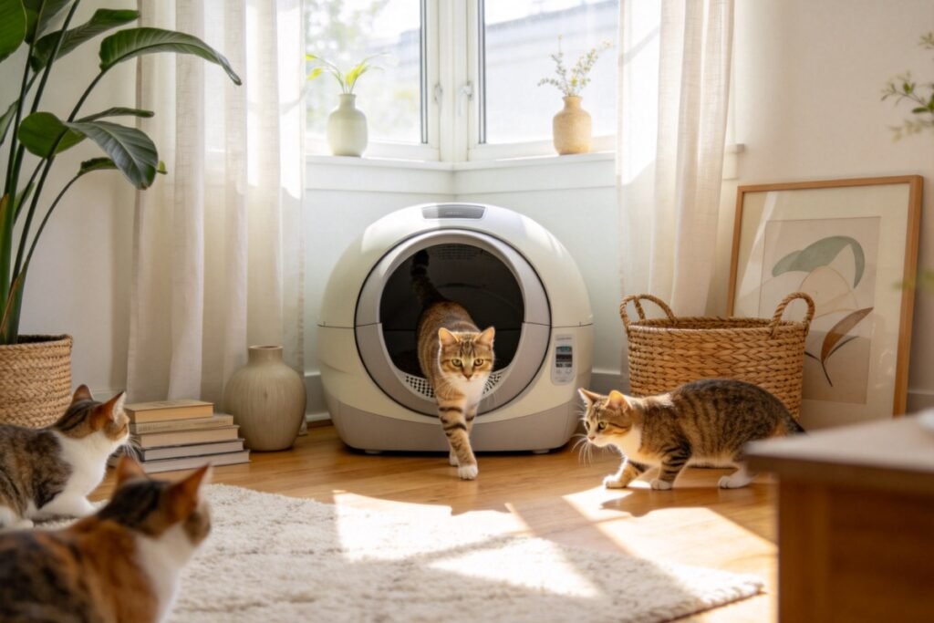A large high-capacity automatic litter box with a wide opening, three cats around it and one stepping inside, in a bright