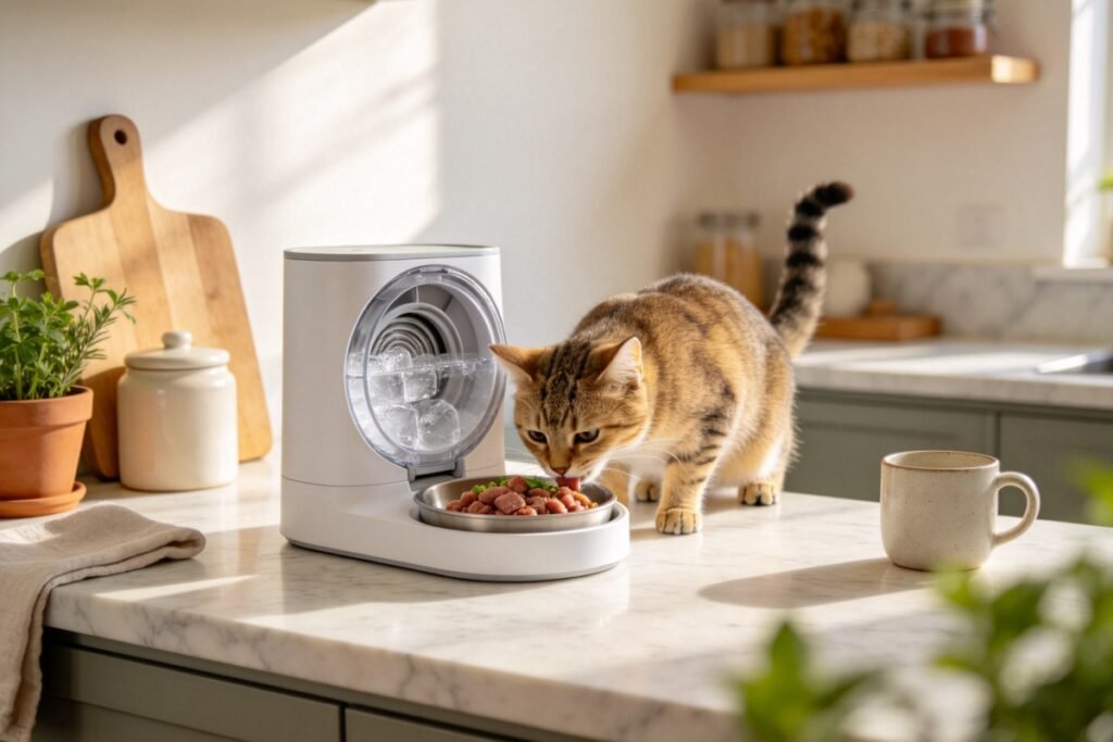 An automatic wet food feeder with a chilled rotating tray open on a kitchen counter, fresh food in the bowl, a cat eating