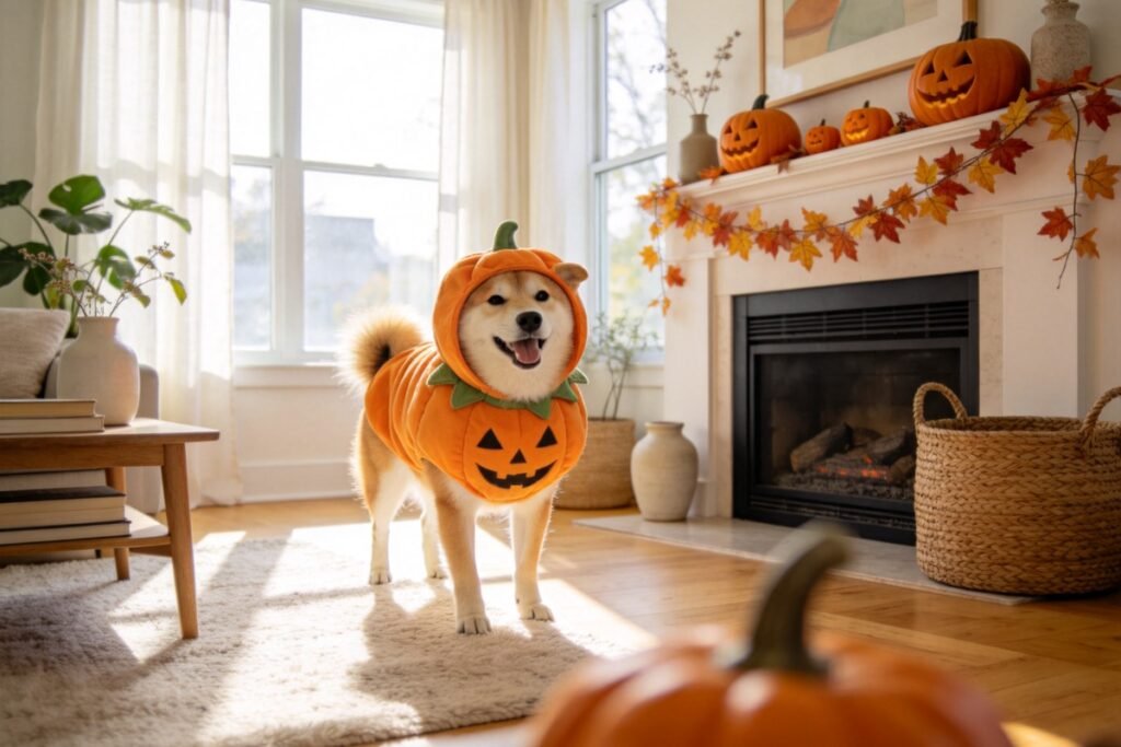 A happy dog in a cute pumpkin costume in a living room styled for autumn, small carved pumpkins and leaf garlands on the