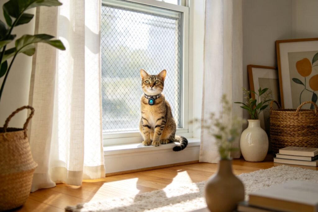 A tiny lightweight GPS tracker clipped to a breakaway collar on a cat sitting alertly on a sunlit windowsill, the window
