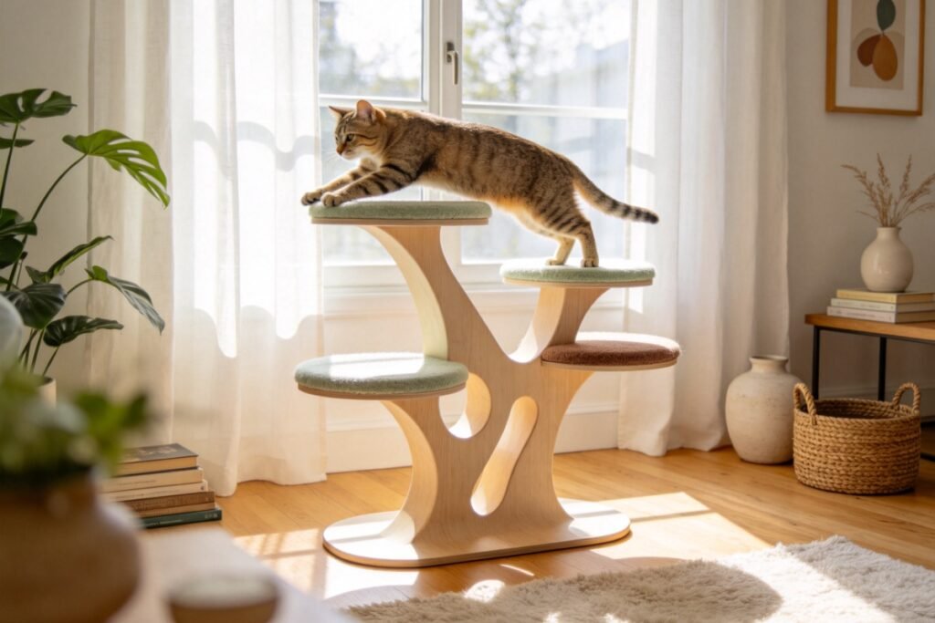 A sculptural modern cat tree of pale wood and felt platforms blending into bright Scandinavian decor, a cat stretching on
