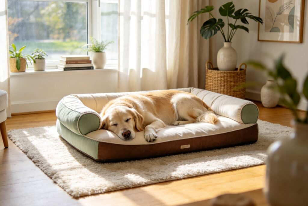 A large thick memory-foam orthopedic dog bed with a supportive bolster rim, a big senior golden retriever sleeping