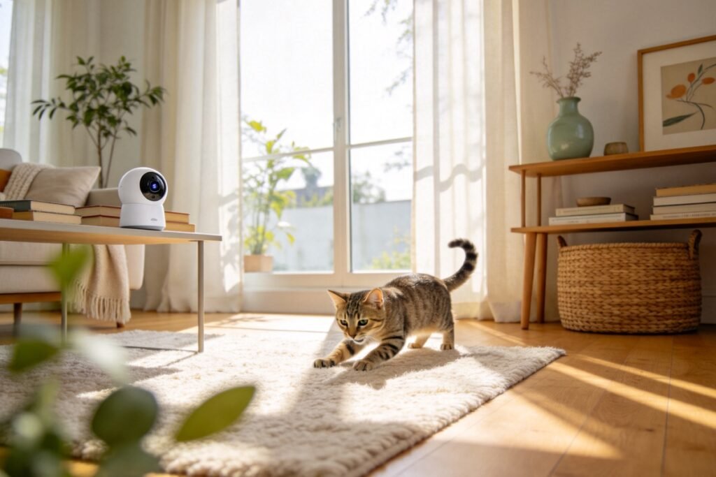 A compact white pet camera with a visible lens on a bookshelf, angled toward a cat playing on the rug below, bright daytime