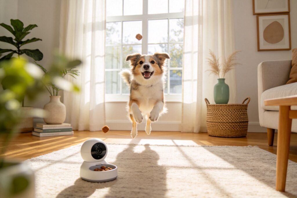 A pet camera with a treat dispenser tossing a snack through the air, a happy dog leaping to catch it in a bright living room