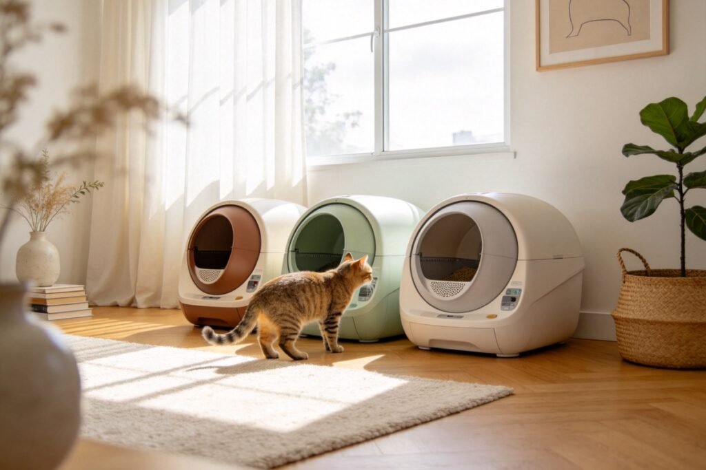 Three different self-cleaning litter box units lined up side by side in a bright modern home corner, a curious cat