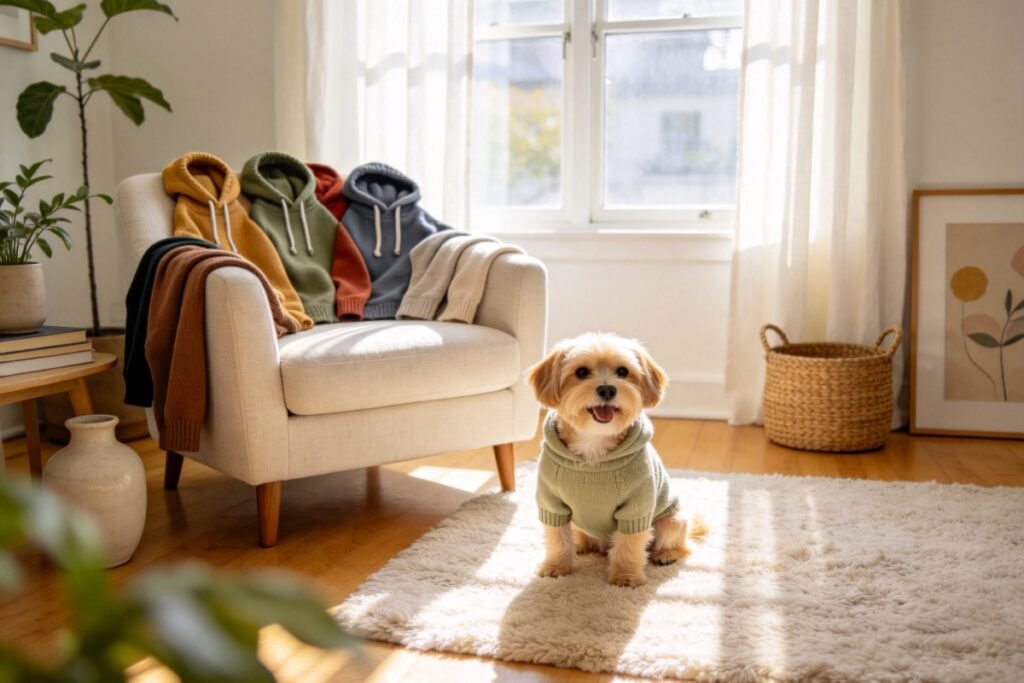 A cheerful lineup of best-selling dog sweaters and hoodies draped over a linen armchair, a small happy dog wearing one,