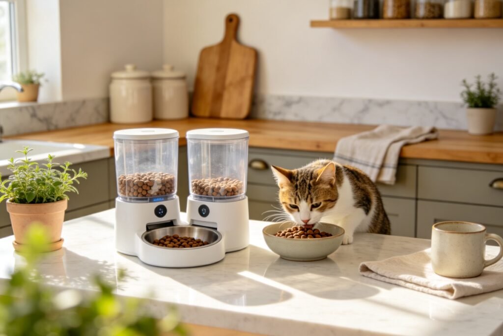 Two smart cat feeders with clear hoppers on a bright kitchen counter, one dispensing kibble into the bowl, a cat eating
