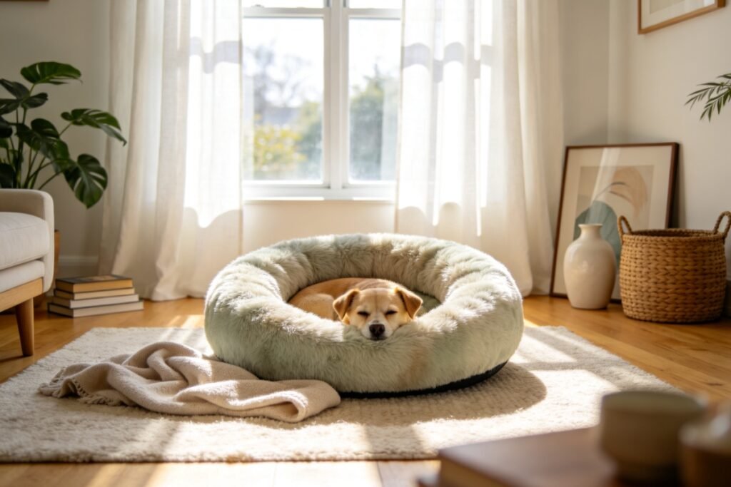 A plush faux-fur donut calming bed, a small dog curled up deep inside it looking relaxed and safe, a soft blanket nearby,