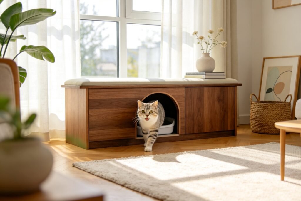 A wooden bench-style cabinet that hides a litter box inside, its side entry arch visible, a happy cat stepping out of it in