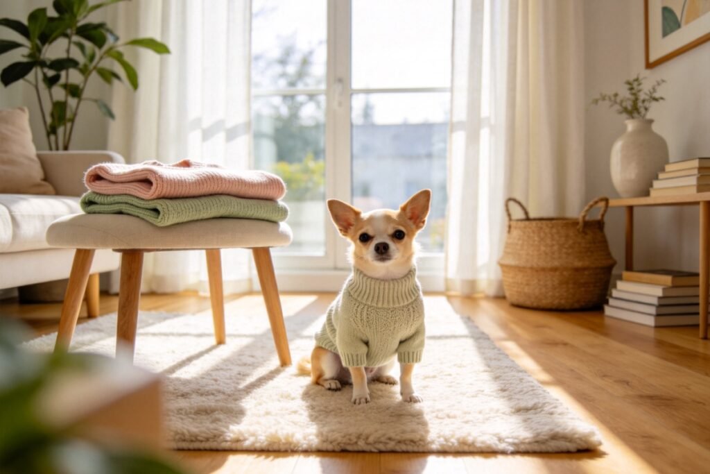 A cute small chihuahua in a soft knit sweater sitting on a wool rug, two more folded pastel sweaters on a nearby stool,