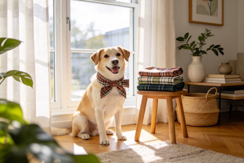 A happy dog wearing a plaid bandana tied in a stylish knot by a sunlit window, folded bandanas in different patterns stacked
