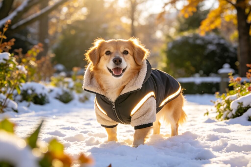 A happy dog in a fleece-lined winter coat with reflective trim standing in bright sunlit fresh snow, a sparkling snowy park
