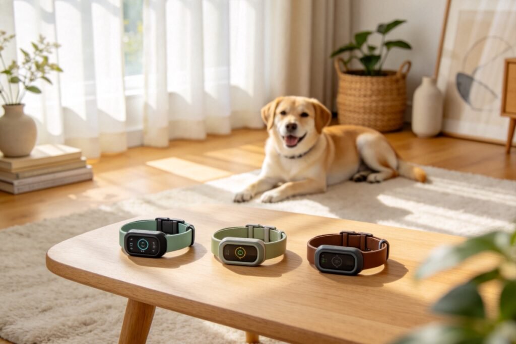 Three different GPS smart collars laid out side by side on a wooden table in a sunlit living room, a happy dog resting in