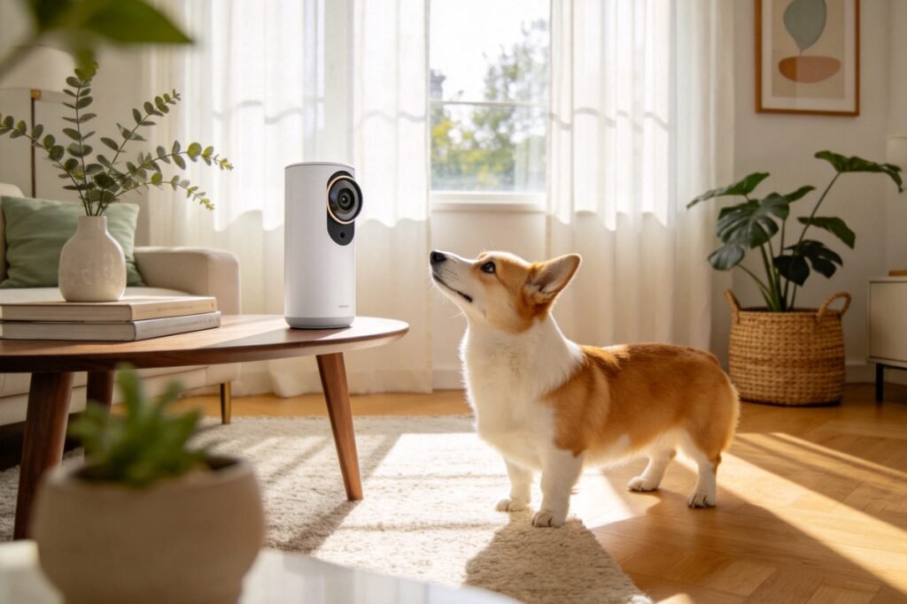 A tall cylindrical white dog camera with a rotating lens on a side table, a curious dog looking up at it, bright sunlit