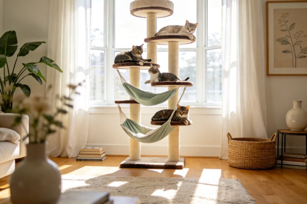 A tall floor-to-ceiling cat tree tower with several platforms and hammocks, three cats playing and lounging on different