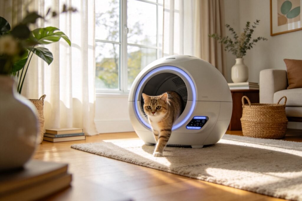 A premium tall globe-shaped self-cleaning litter box with a glowing control panel, a cat calmly stepping into it, bright
