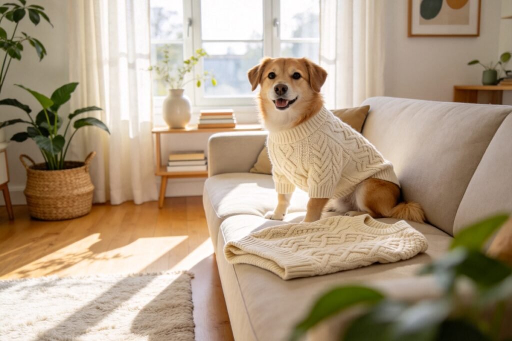 A dog wearing a cream cable-knit sweater on a sofa, a folded matching human sweater in the very same pattern beside it,