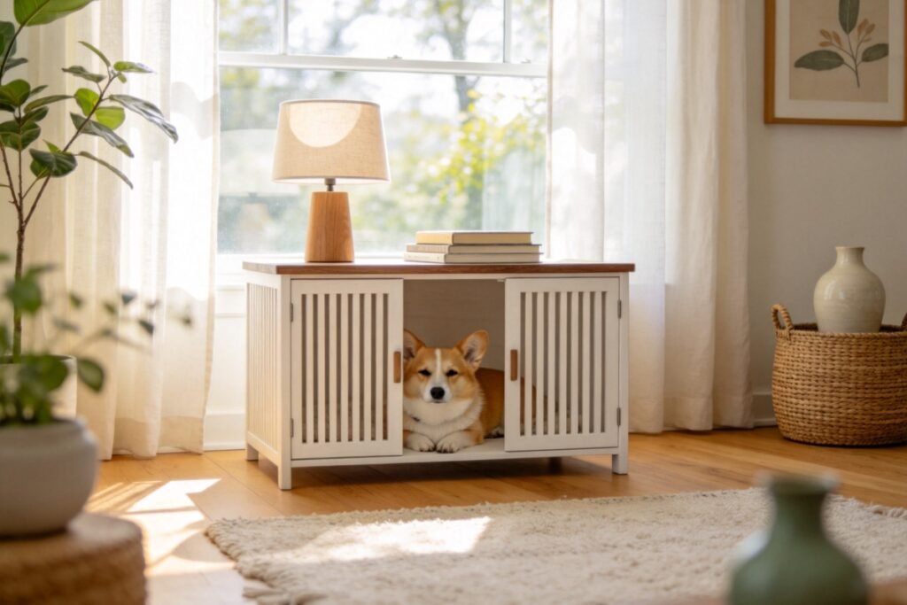A minimalist white-oak dog crate doubling as an end table, a lamp and books on top, a small dog resting contentedly inside