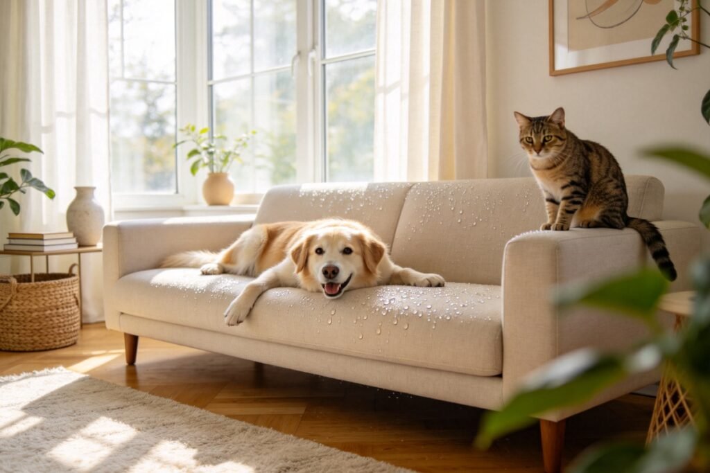 A light beige performance-fabric sofa with a tight claw-resistant weave, water droplets beading on the seat, a happy dog