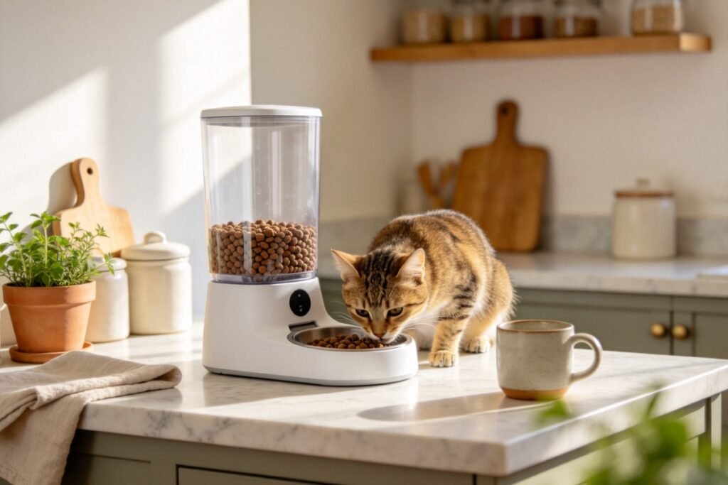 A white modern smart feeder with a tall transparent granary hopper on a kitchen counter, kibble visible inside, a cat eating