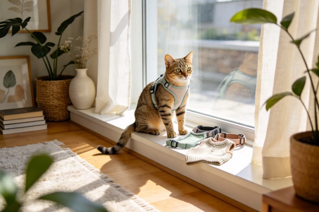 A cat wearing a lightweight escape-proof harness sitting on a sunny windowsill, more harnesses and a tiny knit cat vest laid