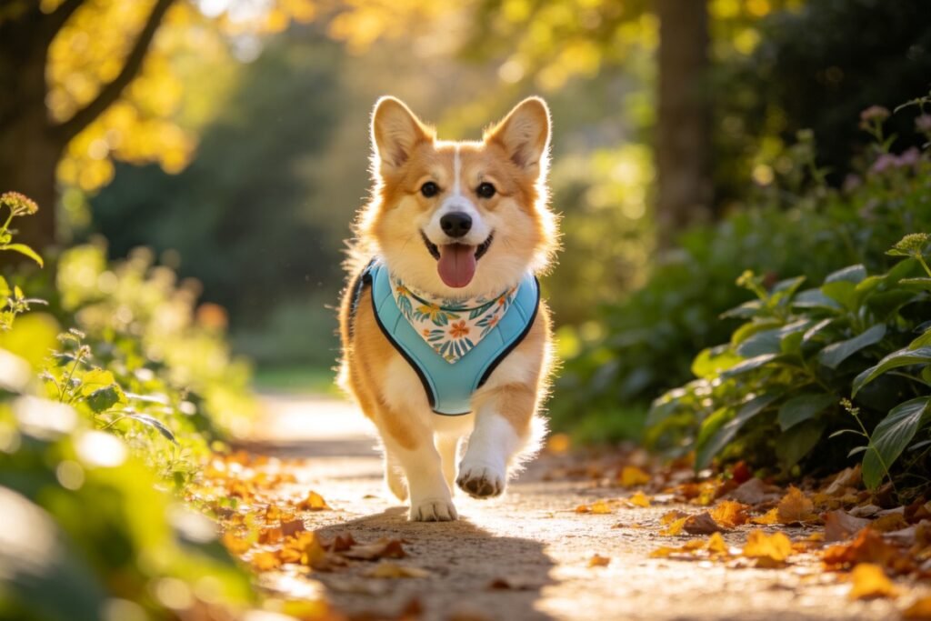 A happy dog in a light blue cooling vest and summer bandana on a sunny walk along a leafy path, tongue out, cheerful bright