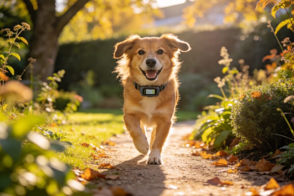 A GPS tracker clipped to the collar of a happy dog trotting along a sunny garden path, the small device clearly visible on