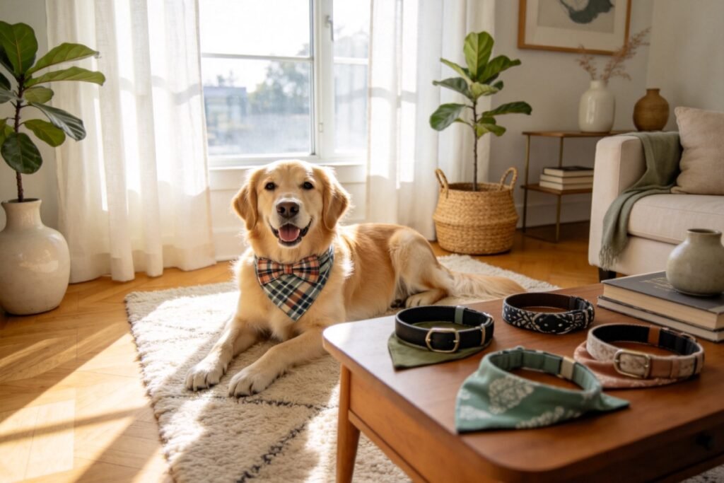 A happy golden retriever wearing a plaid bow tie and bandana on a wool rug in a sunlit living room, trendy collars and