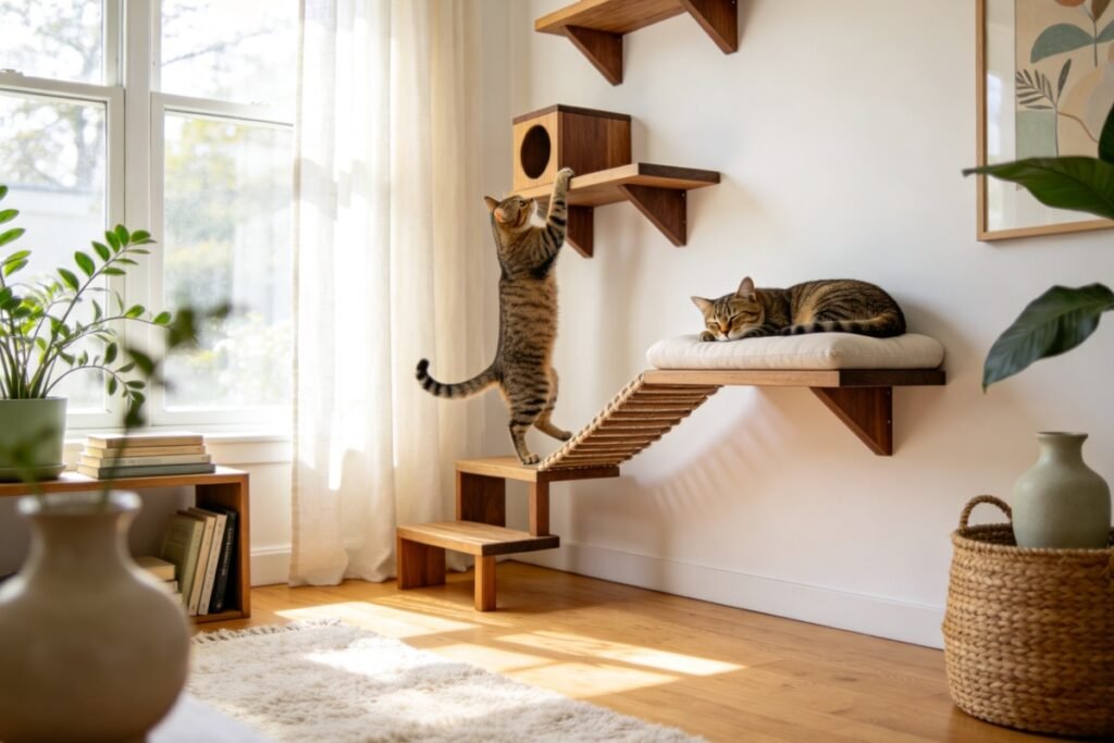 A staggered set of wooden cat shelves, steps and a bridge mounted up a white wall, one cat mid-climb and another napping on